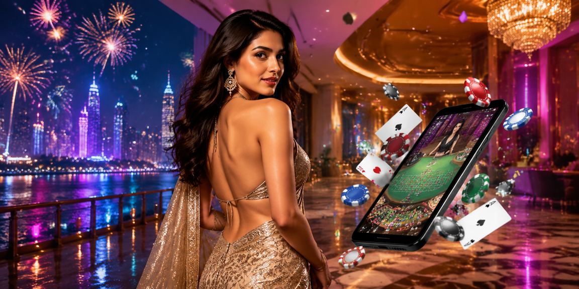 Neon-lit Mumbai entertainment district with casino and betting atmosphere
